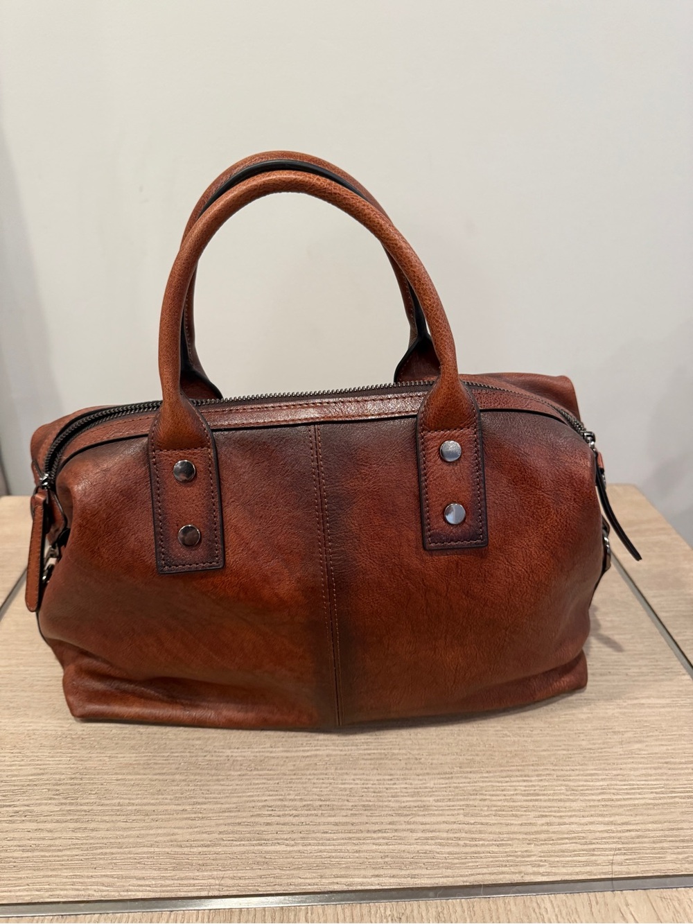 Women's Tan Leather Satchel Handbag with Top Handles